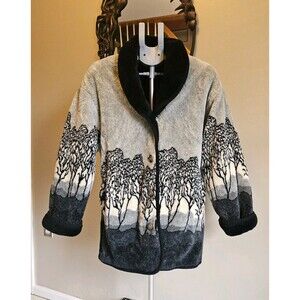 Vintage Nordic Lights Reversible Oversized Fleece Jacket Faux Fur Trees Womens M